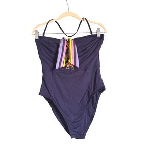 Trina‎ Turk Sz 10 Blue Strapless One Piece Swimsuit with Colorful Ribbon Detail